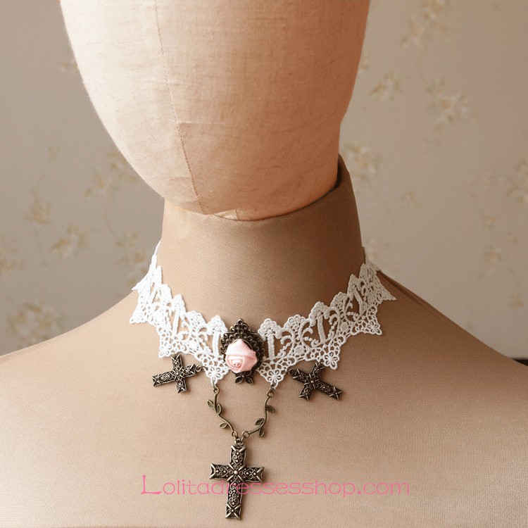 Lolita Vintage White Lace Rose Cross White Lace Necklace