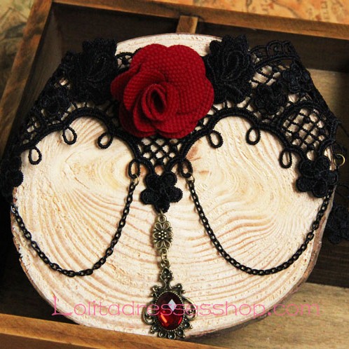 Lolita Gothic Black Lace Red Roses Gem Retro Court Necklace