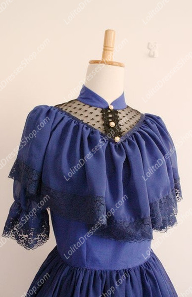 Vintage Palace Blue Lace Long Doll Collar Short Sleeves Fashion