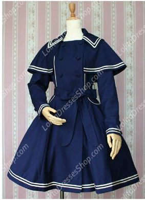 Navy Blue Cotton Square Neck Bowknot Long Sleeves Lolita Coat