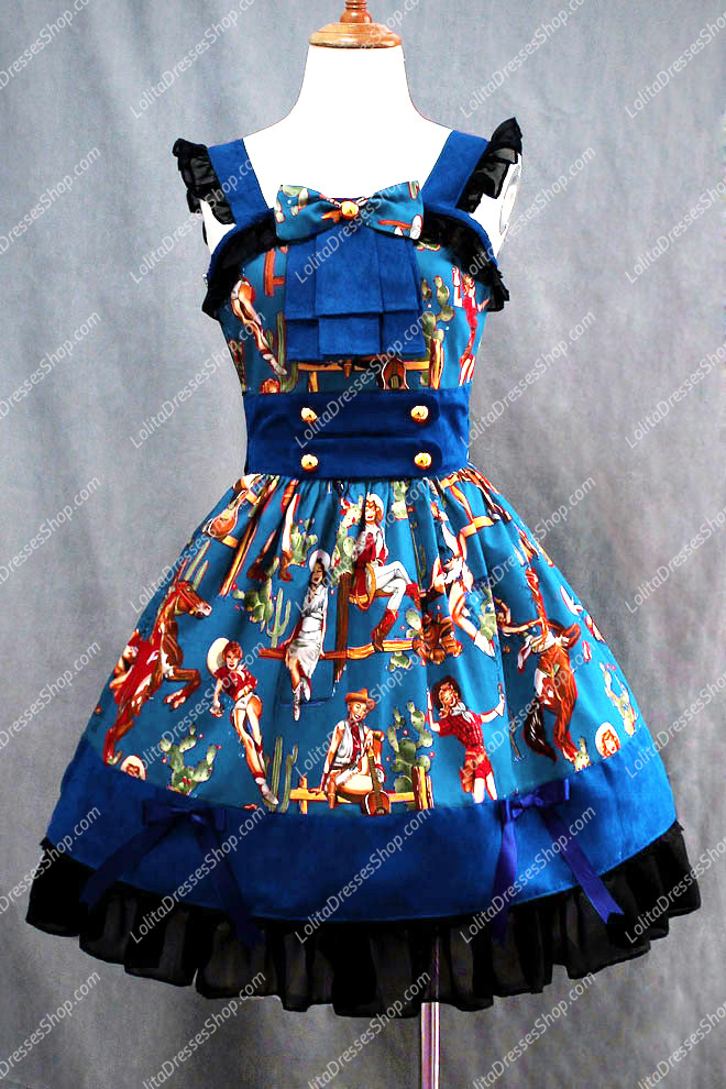 Western Girls Elegant Popular Blue Cotton Square Neck Cap Sleeve Lolita Dress