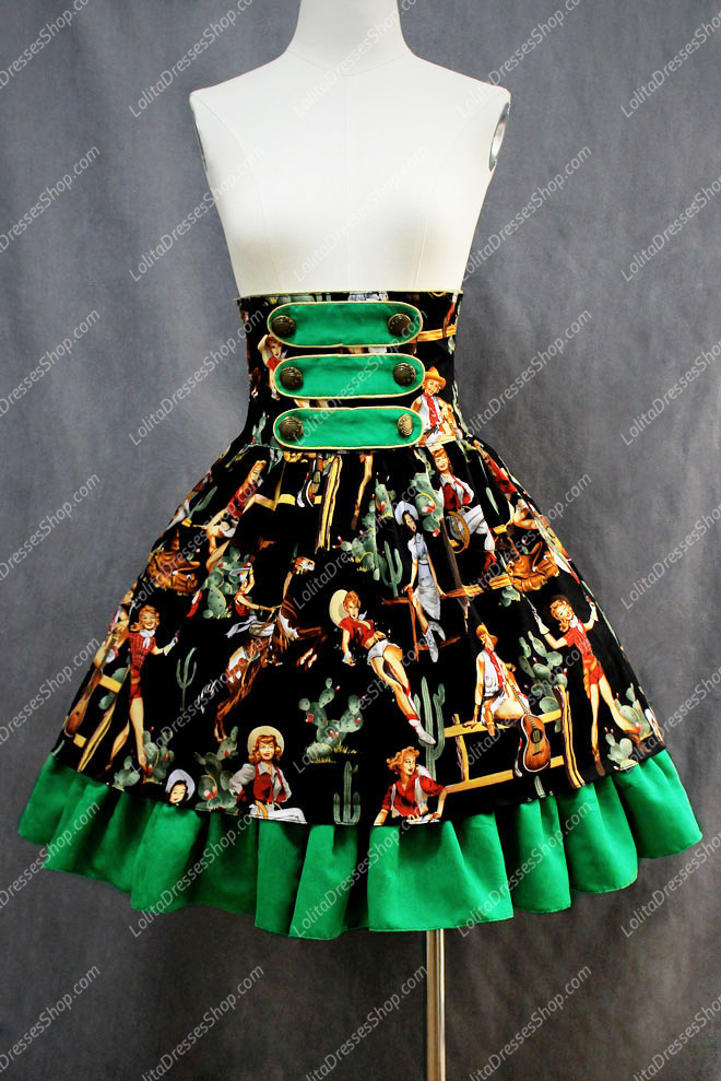 Black and Green Printing Flouncing Girls Sweet Lolita Skirt