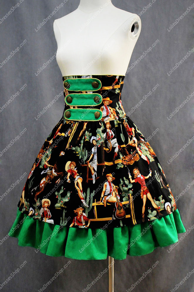 Black and Green Printing Flouncing Girls Sweet Lolita Skirt