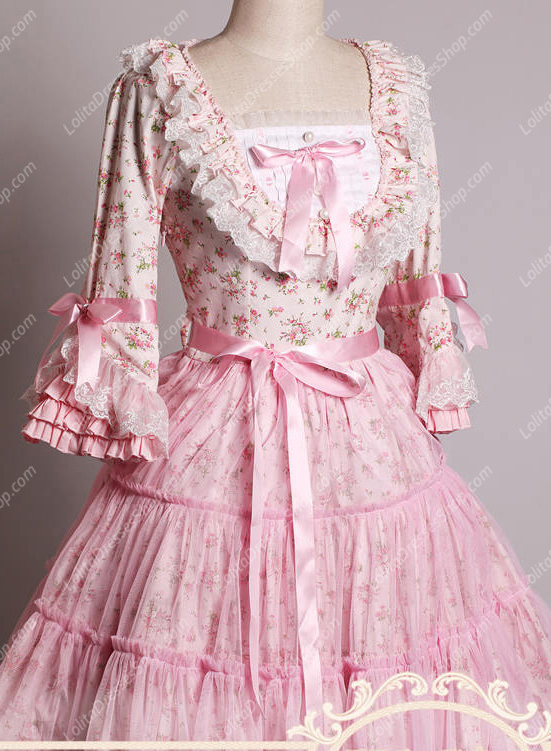 Pink Lace Square Neck Ruffles Small Pieces Flowers Sweet Lolita Dress