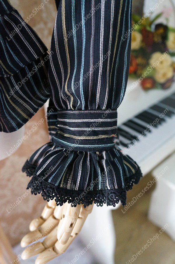 Black Cotton and Linen Lapel Long Sleeve Lace Trim Lolita