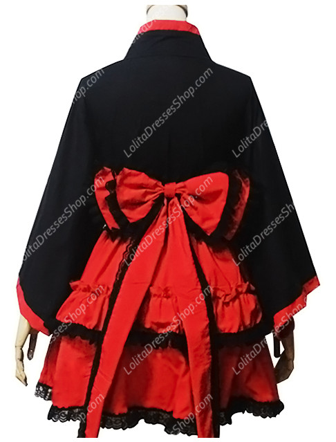 Black and Red Cotton Heart Neck Long Sleeves Kimono