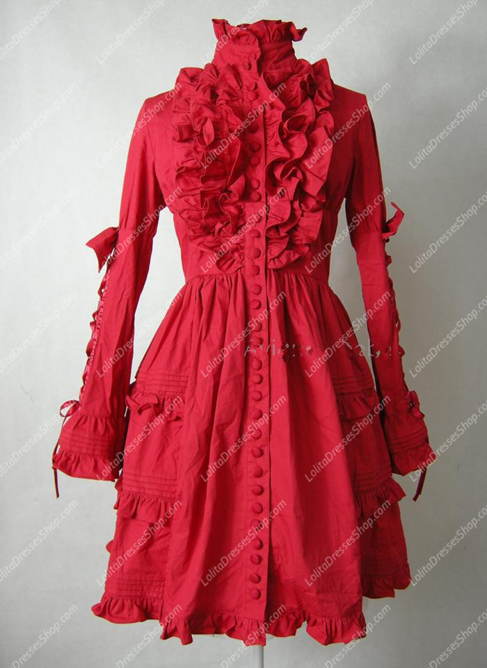 Red Cotton Stand Collar Long Sleeves Classic Lolita Dress