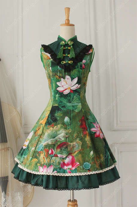 Lolita Cotton Vintage Chinese lotus Flounced Stand Collar OP Dress