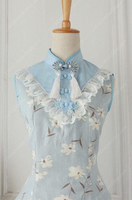 Lolita Cotton Vintage Chinese orchid Flounced Stand Collar OP Dress