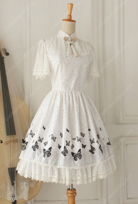 Lolita Cotton Vintage Chinese Butterfly Flounced Stand Collar OP Dress