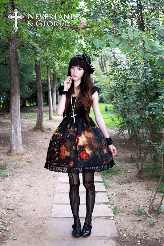 Sweet Choosing Flower Girl Souffle Song Lolita Painting Style Retro Printing Eyelash Lace OP