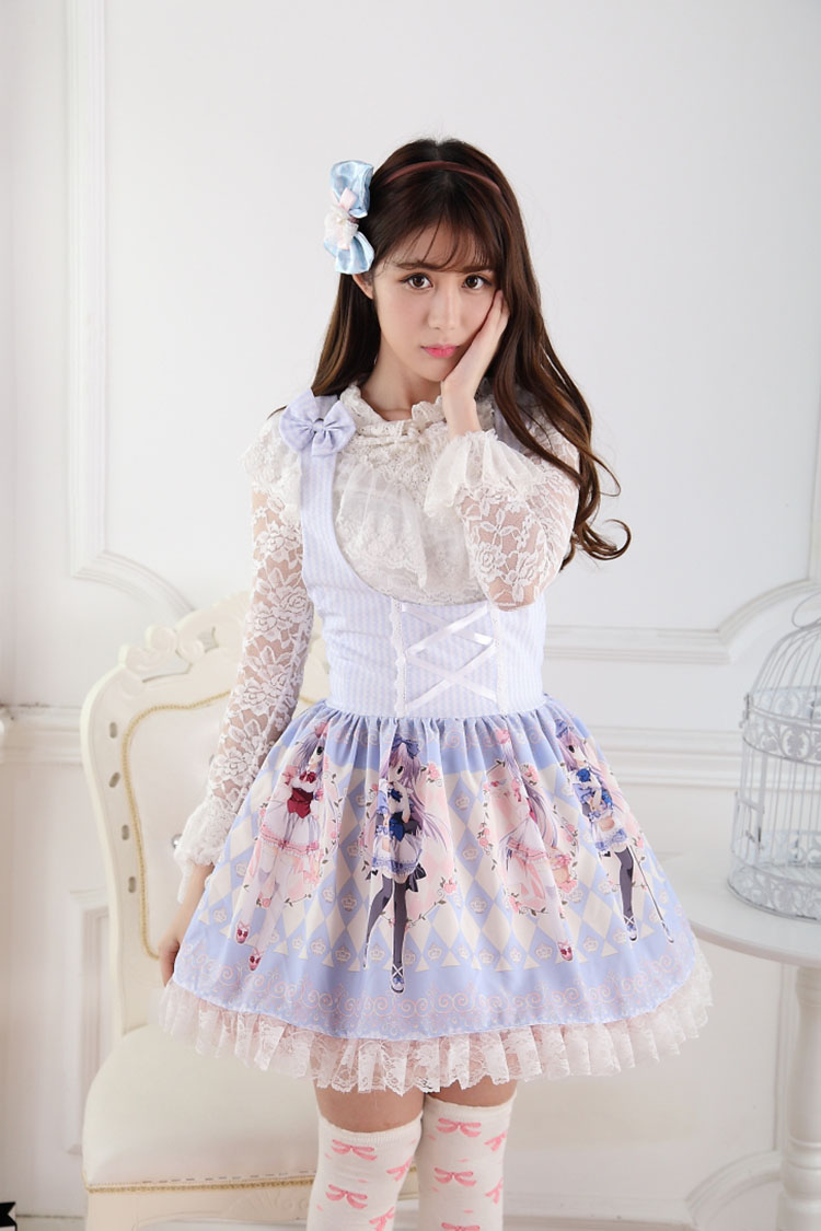 Sweet Lace Princess Strap Blue Rose Print Twins High Waist Sweet Lolita Dress JSK