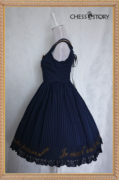 Sweet Cotton College School Style Wine/Navy Blue Stripes Chess Story Lolita Jumper Dress