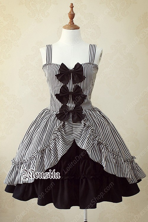 Sweet Cotton Bow Gothic Striped Mousita Lolita Suspender Skirt Two-piece