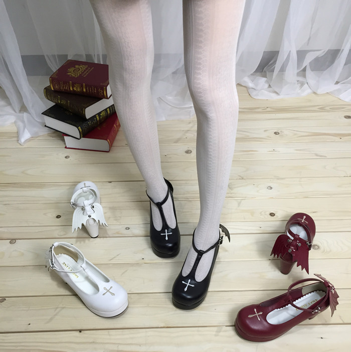 Gothic T-shaped Straps Lolita Heels Angelic Imprint Shoes with Detachable Angel Wings