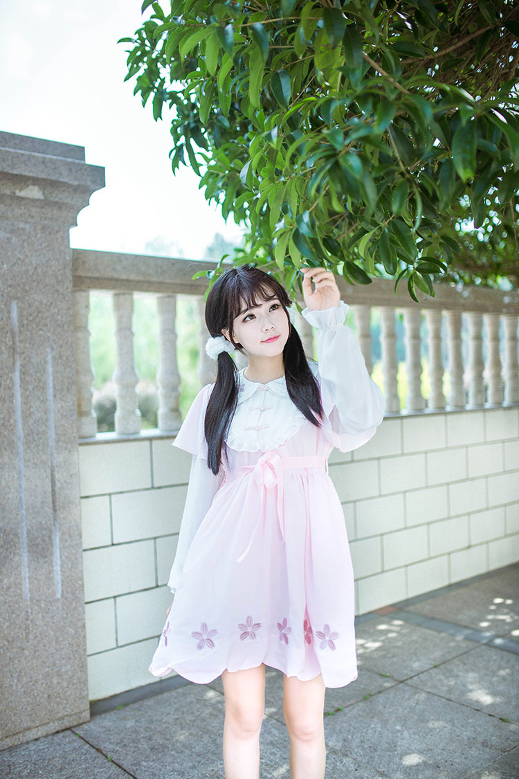 Cherry Blossoms Hollow Embroidery Doll Collar Chinese Style Lolita Dress
