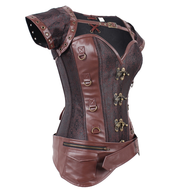 Brown Brocade Overbust Steampunk Corset With Jacket