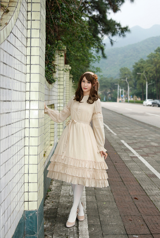 Dawn of the Aurora cotton jacquard fine pleated lace long - sleeved OP