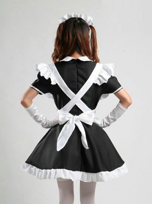 Cute Pink Bowknot Black White Maid Lolita Short Sleeve Dress Five Piece Set