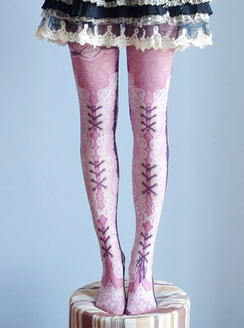 Lovely Lace-up Pattern Printing Lolita Pantyhose