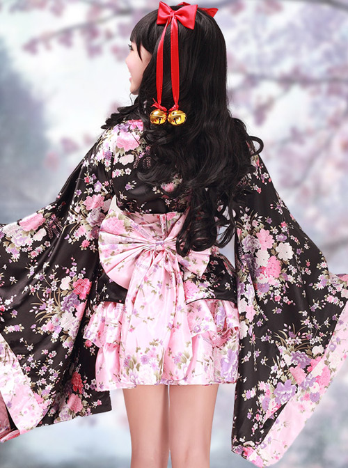 Black And Pink Cherry Blossoms Kimono Cosplay Lolita Dress