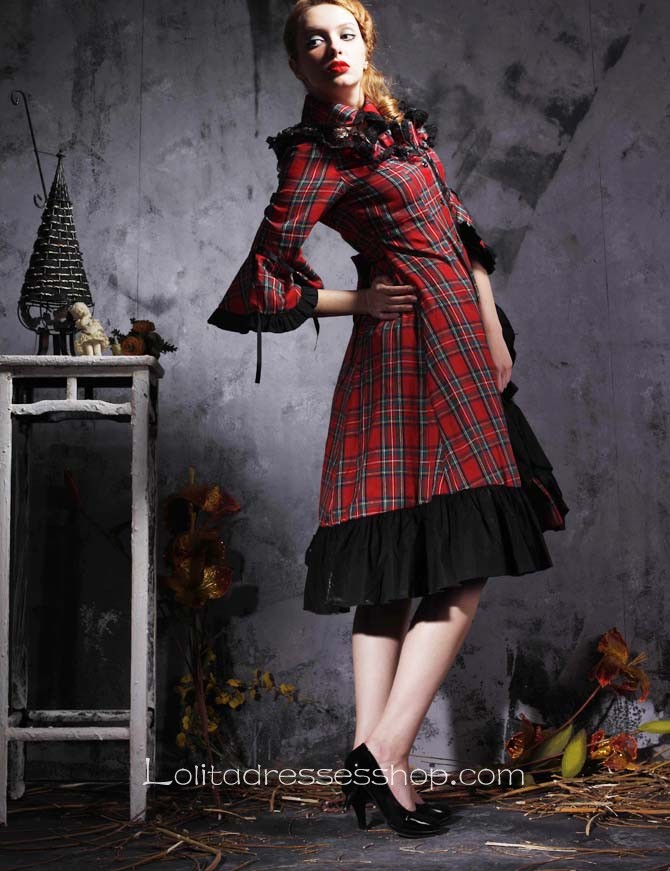 Red Plaid And Black Ruffles Turndown Collar Long Sleeves Punk Style Lolita Dress