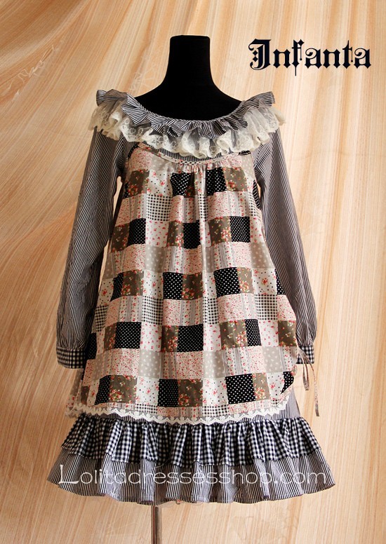 Blue Black Cotton Ruffled Collar Long Sleeve Two-piece Lolita Dress