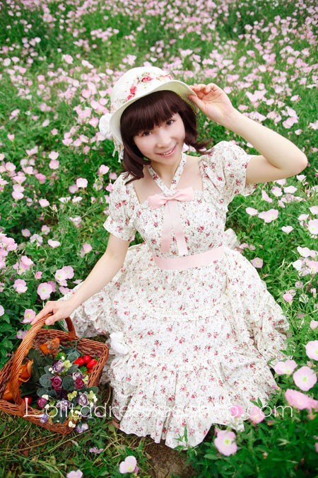 Pink Cotton Square-collar Flowers Bow Lolita Dress