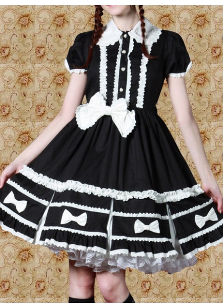 Classic Black And White Cotton Turndown Collar Sweet Lolita Dress