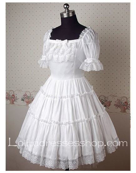White Chiffon Square-collar Short Sleeve Classic Lolita Dress With Straps Back Style