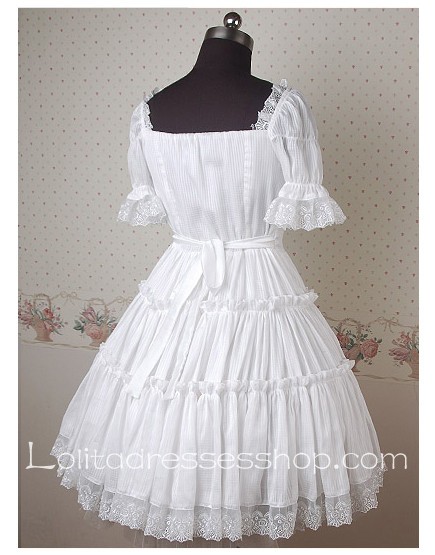 White Chiffon Square-collar Short Sleeve Classic Lolita Dress With Straps Back Style