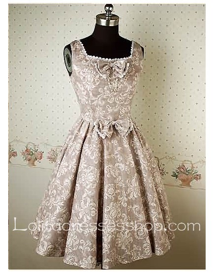 Grey Square Neckline floral print Sleeveless retro Lolita Dresses With Bow And Lace-up Back Style