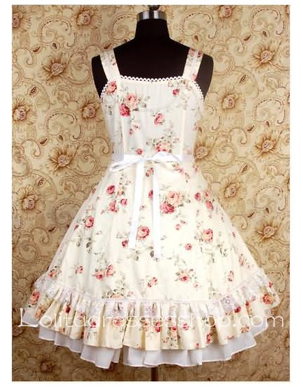 Beige Square-collar floral print Bow Waist sweet Lolita dress With flounced hemlines Style