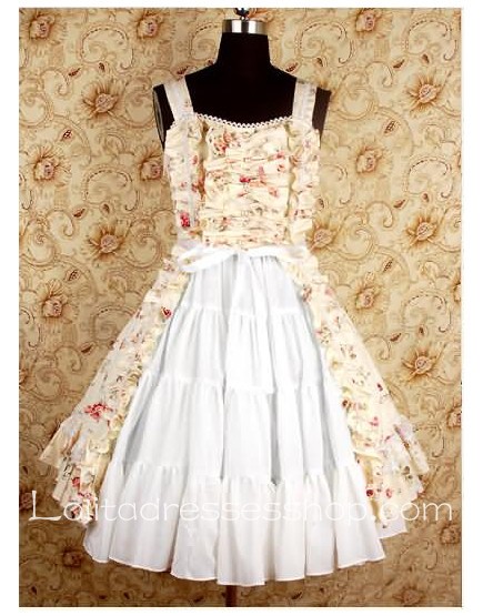Beige Square-collar floral print Bow Waist sweet Lolita dress With flounced hemlines Style