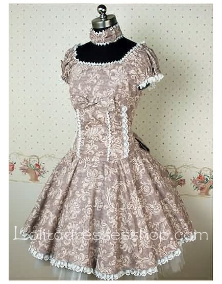 Grey Cotton Short Sleeve classic Lolita dress With Full floral print And lace-up Back Style