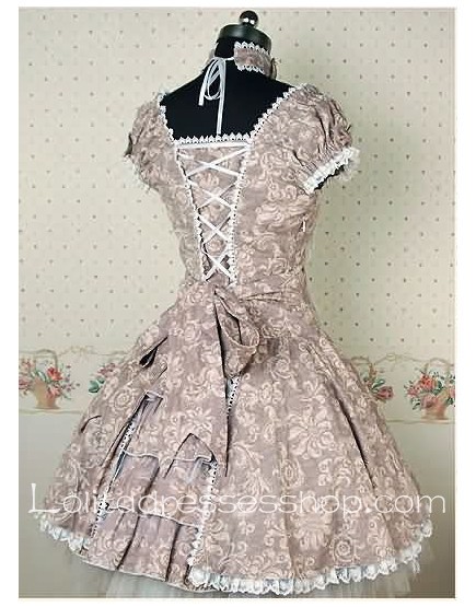 Grey Cotton Short Sleeve classic Lolita dress With Full floral print And lace-up Back Style