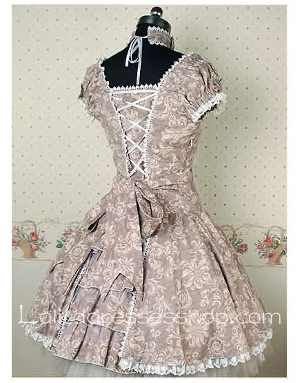 Grey Cotton Short Sleeve classic Lolita dress With Full floral print And lace-up Back Style