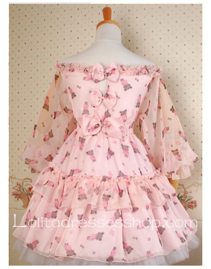 Pink Chiffon Off the Shoulder bear print Wa Lolita Dress Style