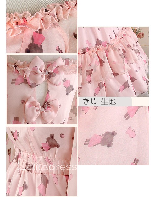 Pink Chiffon Off the Shoulder bear print Wa Lolita Dress Style