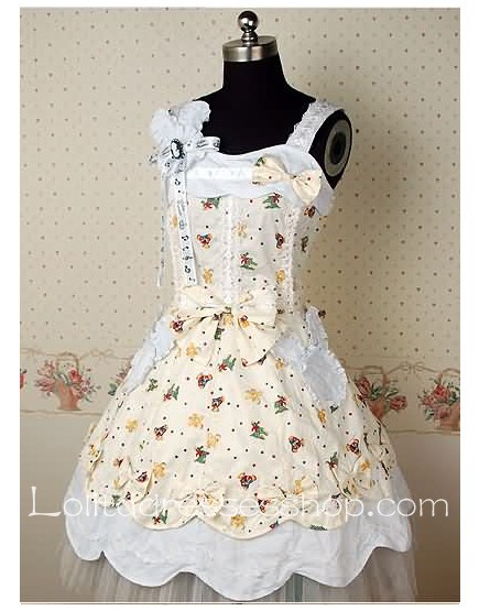 Beige Cotton Sweetheart Lolita dress With floral print and flounced Hemlines style