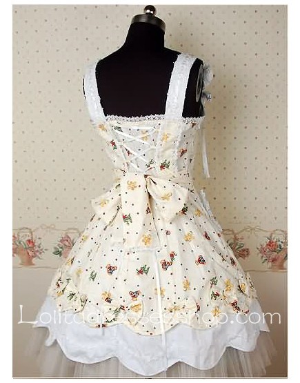 Beige Cotton Sweetheart Lolita dress With floral print and flounced Hemlines style