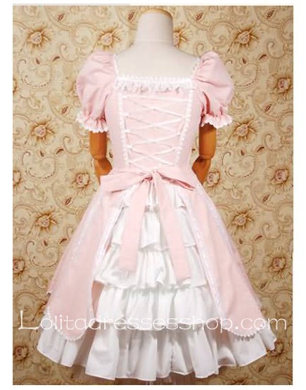 Pink Square-colla separable Short Sleeve classic Lolita dress With layerd Style
