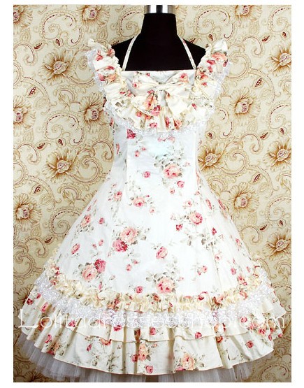 Beige Cotton Square-collar Halter Straps sweet Lolita dress With floral print Style