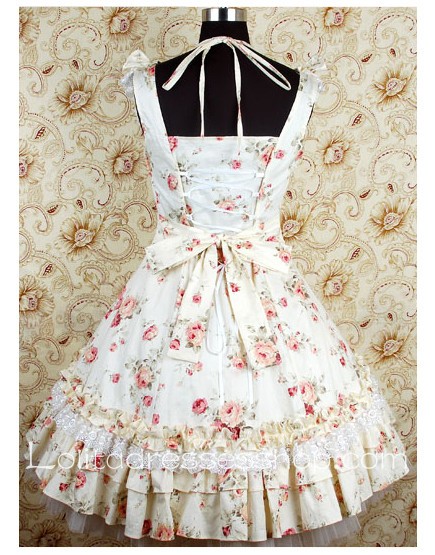 Beige Cotton Square-collar Halter Straps sweet Lolita dress With floral print Style