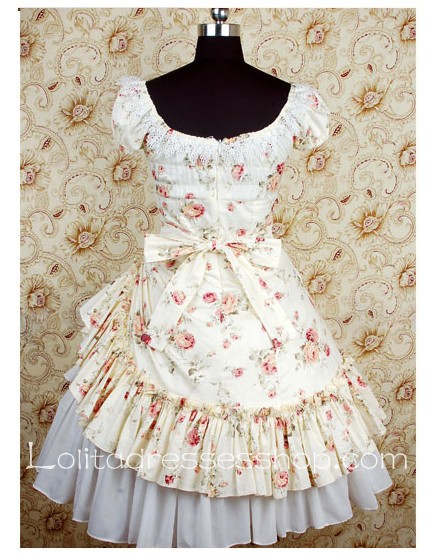 Knee-length Beige Cotton Scoop Neckline country Lolita dress with floral print layered hem Style