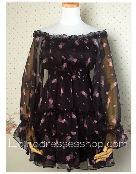 Black Chiffon wide sleeve boat neckline casual Lolita dress With high waist Style