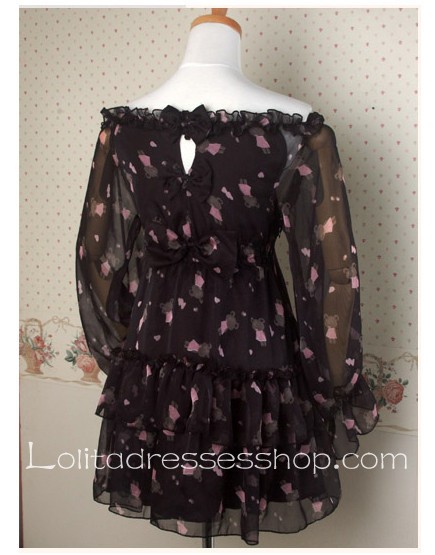 Black Chiffon wide sleeve boat neckline casual Lolita dress With high waist Style