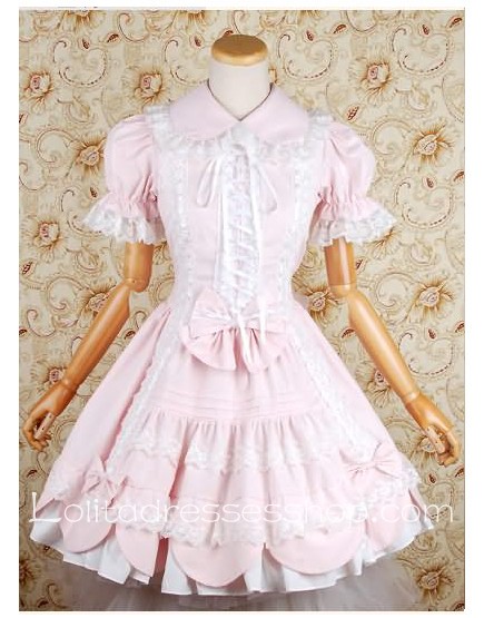 Pink Cotton Turndown Collar Short Sleeve Lolita dress With Lace-up