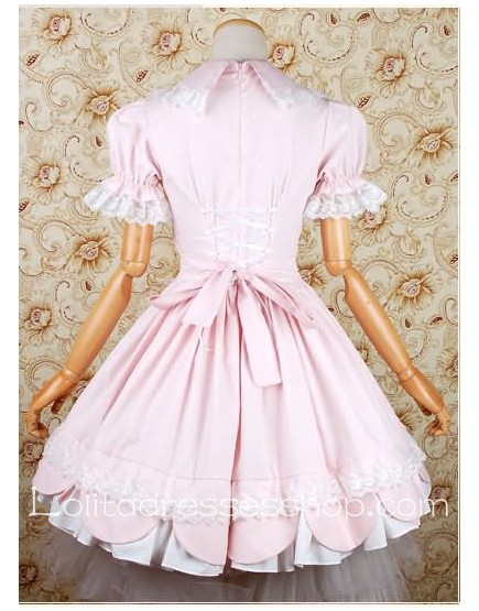 Pink Cotton Turndown Collar Short Sleeve Lolita dress With Lace-up