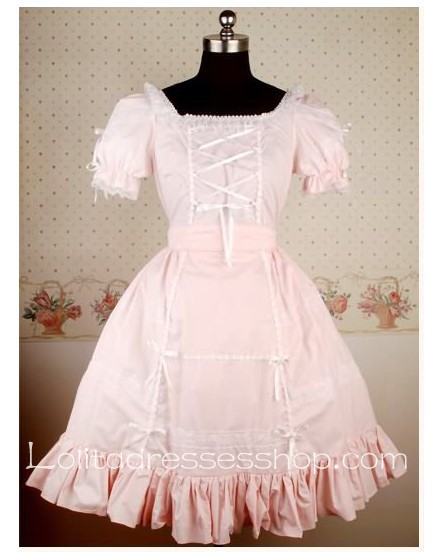 Knee-length Pink Square Neckline Cotton rincess Lolita dress With lace-up And Ruffle Hem Style